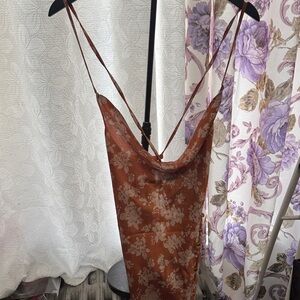 PrettyLittleThing Rust Brown Floral Midi Slip Dress